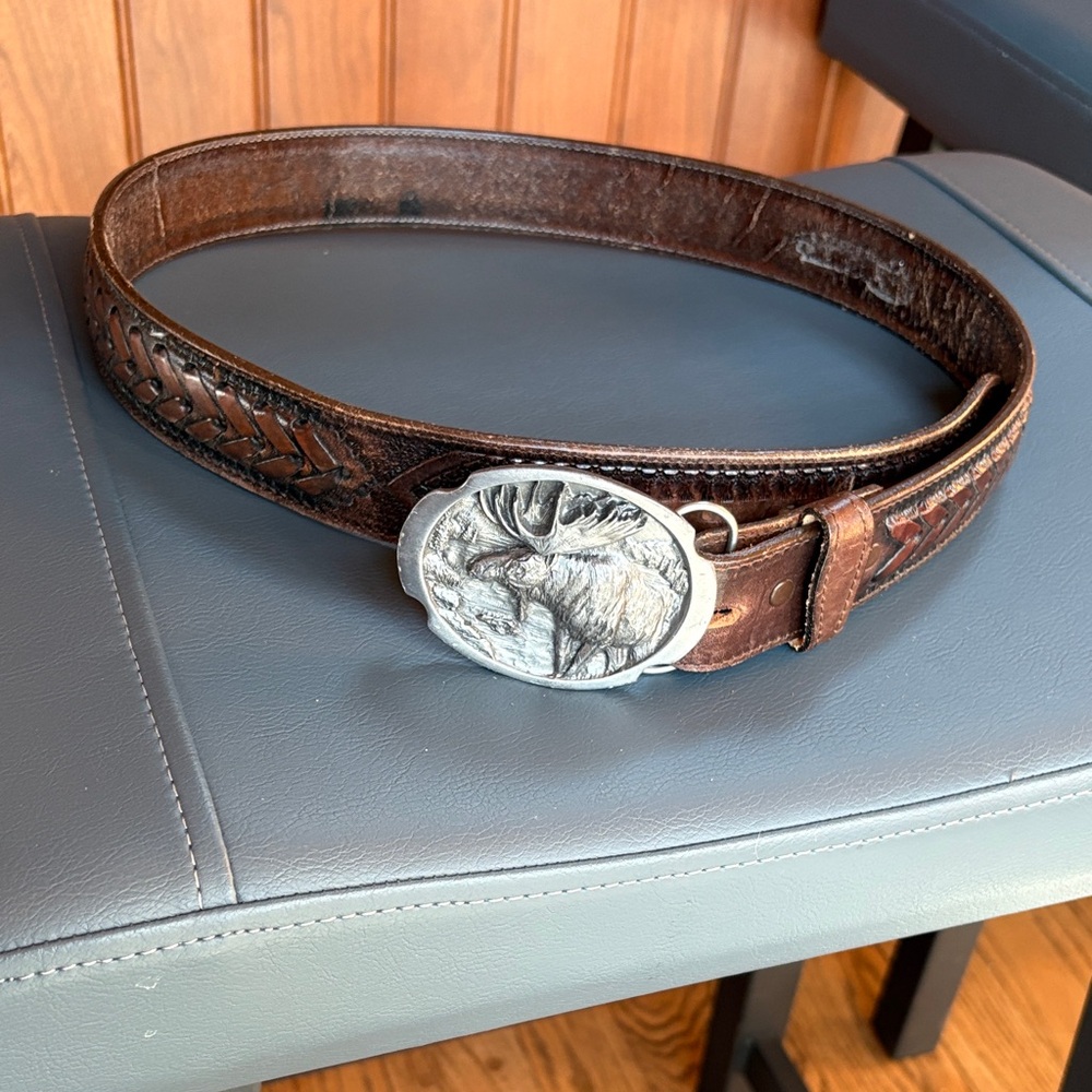 Embossed Brown Leather Belt with Moose Silver Buckle